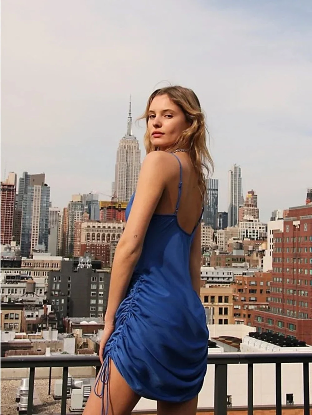 Intimately Free People Slip Dress Blue Satin Ruched Convertible Midi Mini XS